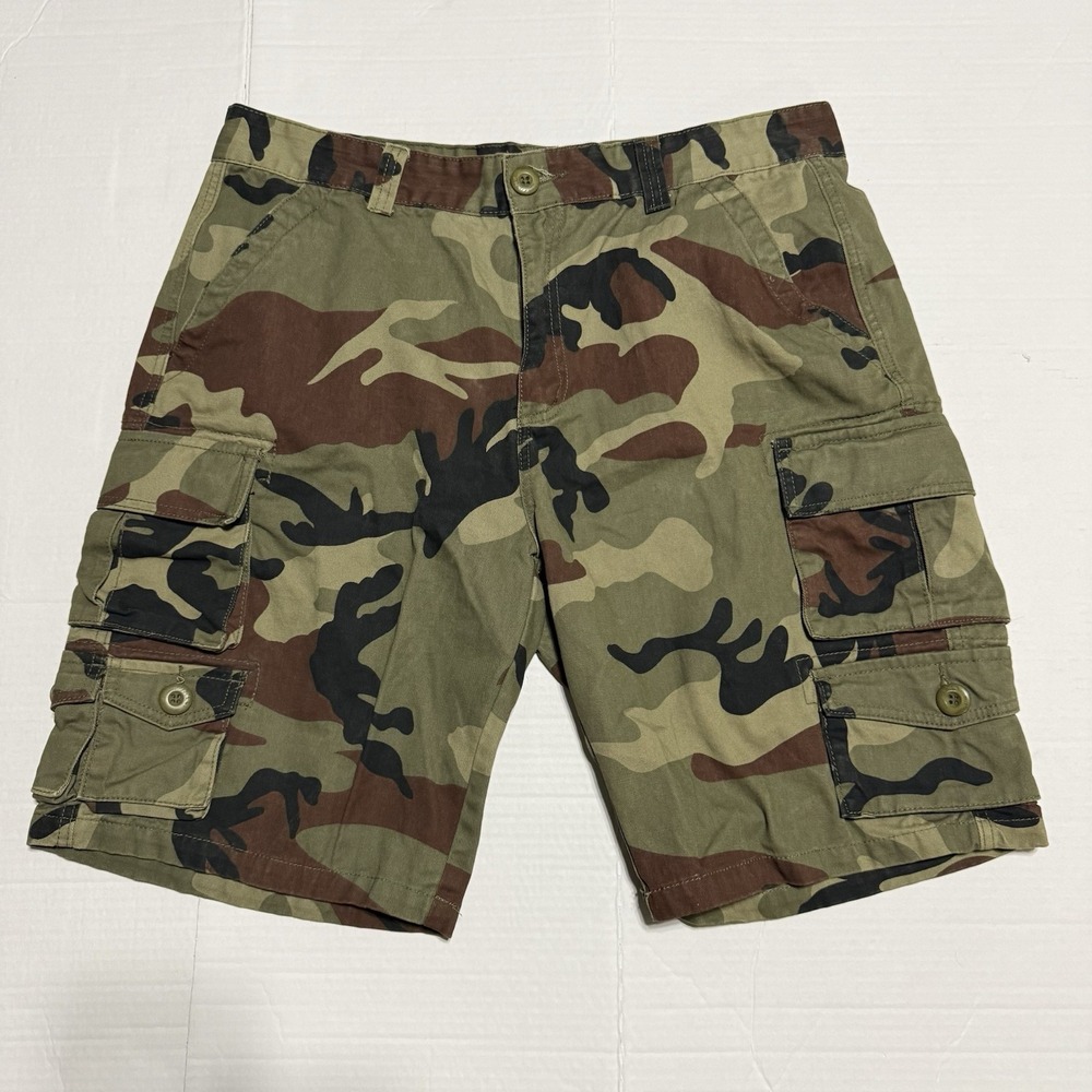 Vtg Y2K Mustway Woodland Camo Cargo Shorts Mens 36‎ Cotton 90s Baggy Skate